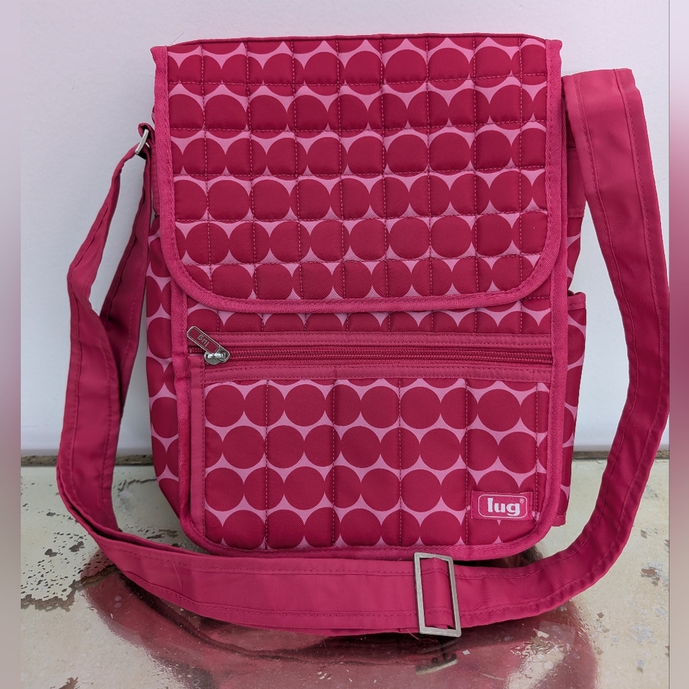 Lug Purse Round Trip Moped Day Pack Crossbody Messenger Bag Bright Pink Dots